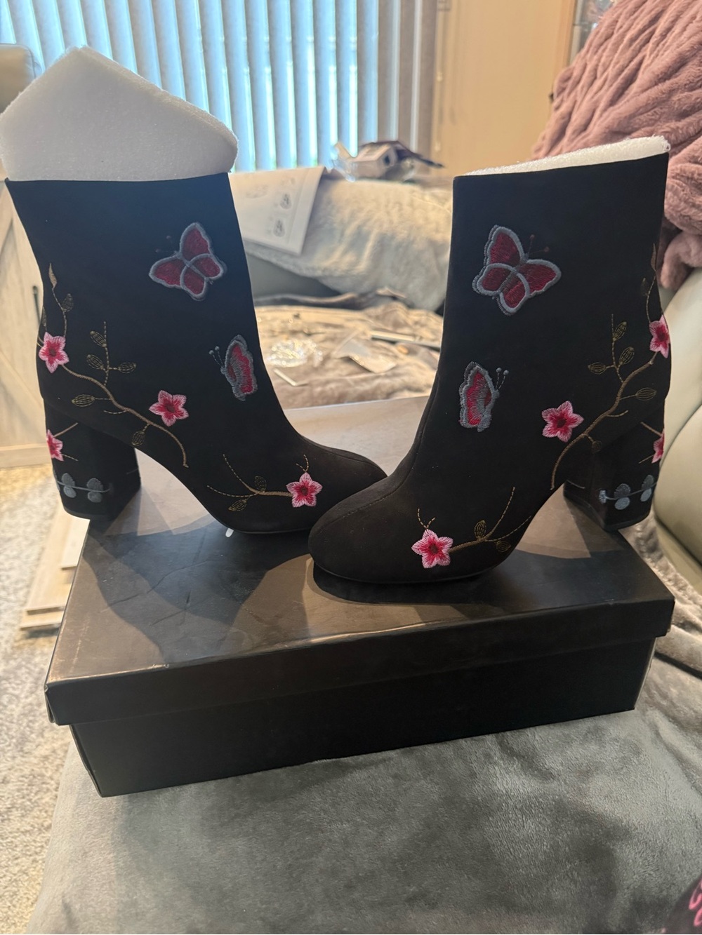 Nanette Lepore Black Embroidered Butterfly & Pink Floral Ankle Boots